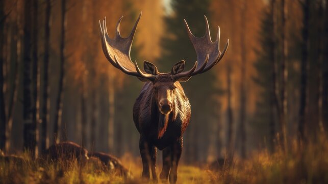 A large moose stands tall in the middle of a dense forest, showcasing its impressive size and strength