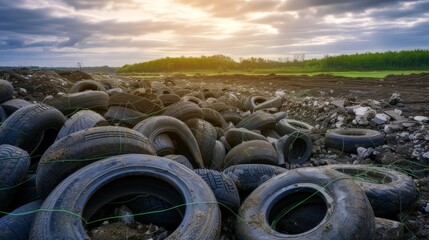 The disposal site for recycling tires that have reached the end of their lifespan is a landfill, where worn-out car tires are stacked on the ground. 