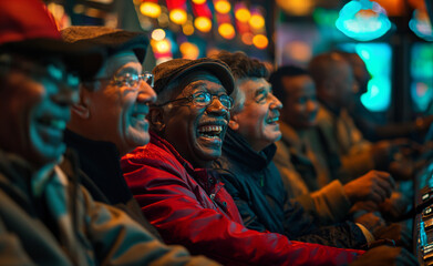 Joyful Gamblers Amidst the Glowing Machines. Slot Machine Frenzy. Excited Players. - obrazy, fototapety, plakaty