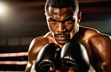 African-American male boxer with gloves, focused and intense gaze, determination evident, in a...