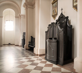 Berdichev, Ukraine. 2023. Cathedral of the Discalced Carmelites. Сonfessional cabinet