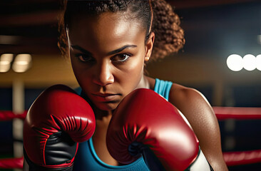 African-American female boxer with gloves, focused and intense gaze, determination evident, in a dimly lit gym, ready to fight, showcasing strength and resilience, training moment captured