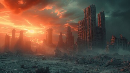Apocalyptic vision of city ruins under a fiery sky at sunset