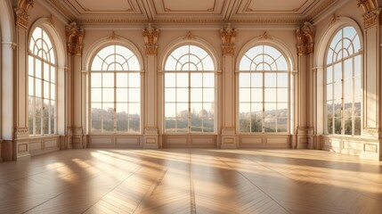 Fototapeta na wymiar Empty elegant spacious room with big windows, empty banquet hall warm sunlight, and wooden floors.