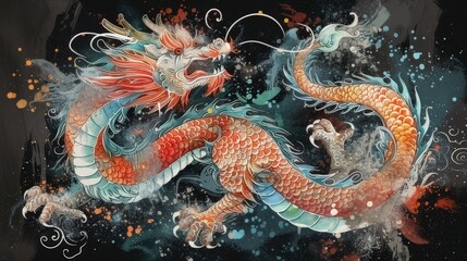 In celebration of the Lunar New Year, a watercolor depiction of a Chinese dragon is created in the vibrant style of manga
