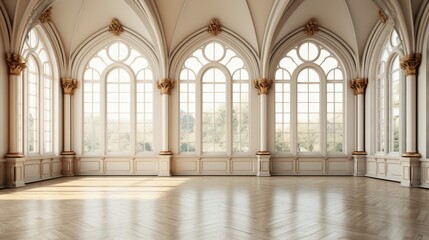 Obraz premium Empty elegant spacious room with big windows, empty banquet hall warm sunlight, and wooden floors.