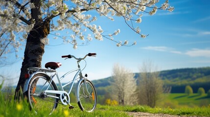 Fototapeta premium Beautiful landscape with a Vintage bicycle on a flowering meadow against a blue sky.