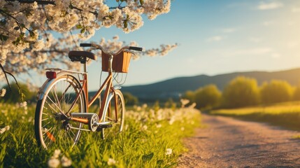 Beautiful landscape with a Vintage bicycle on a flowering meadow against a blue sky.