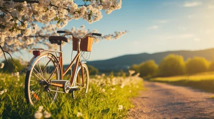 Fotobehang Beautiful landscape with a Vintage bicycle on a flowering meadow against a blue sky. © Thanaphon