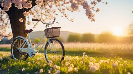 Papier Peint photo autocollant Vélo Beautiful landscape with a Vintage bicycle on a flowering meadow against a blue sky.