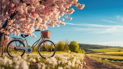 Abwaschbare Fototapete Fahrrad Beautiful landscape with a Vintage bicycle on a flowering meadow against a blue sky.