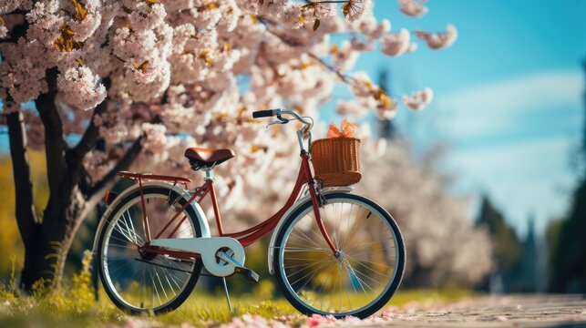 Beautiful landscape with a Vintage bicycle on a flowering meadow against a blue sky.