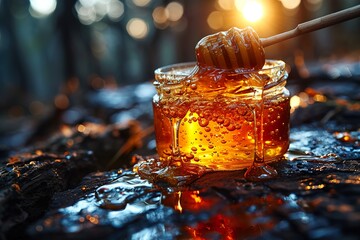 Freshly harvested honey in a jar against the background of sunrise. Ai generative - obrazy, fototapety, plakaty