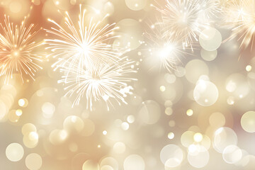 Holiday background with golden fireworks pyrotechnics on blurred background with lights, sparks and firecrackers. Summer festival Natsumatsuri, Chinese New Year. Celebration New Year's Eve, Christmas