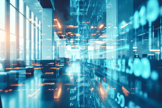 Modern open space office interior blurred with information technology overlay. Finances.