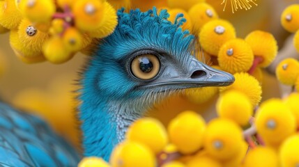 a close up of a blue and yellow bird with yellow flowers around it's neck and a yellow background.