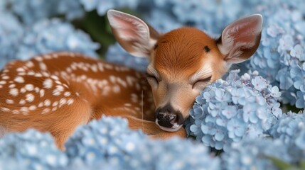 a baby deer is sleeping in the middle of a bunch of blue hydrangeas with it's eyes closed.