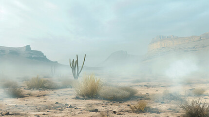 Fototapeta premium Mystical Desert Landscape with Fog, Cacti, and Rugged Mountains - High-Quality Nature Photography