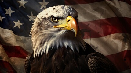 A proud, beautiful eagle against the background of the USA flag. Ai generative