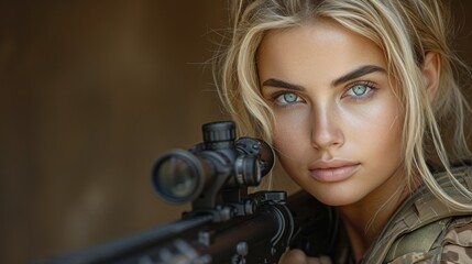 a beautiful blond woman holding a rifle and looking at the camera with a serious look on her face while wearing a camouflage jacket.