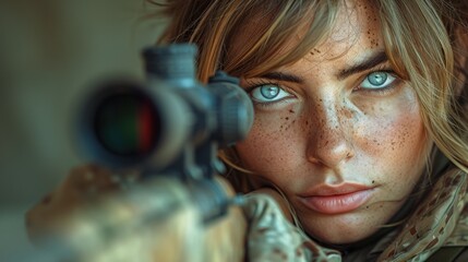 a woman with freckled hair and blue eyes is holding a gun and aiming it with her right hand. - obrazy, fototapety, plakaty