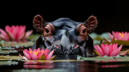 Foto op Canvas a hippopotamus submerged in a pond of water with pink water lilies in it's mouth. © Jevjenijs