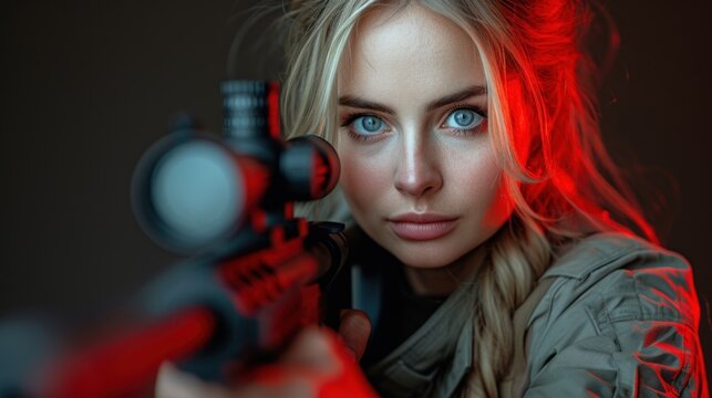 a beautiful blond woman holding a gun and aiming it at the camera with a red light shining on her face.