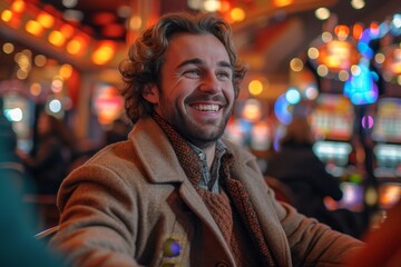 Obraz premium A man's genuine smile shines through as he poses confidently in indoor lighting, his friendly demeanor captured in his stylish clothing and warm expression