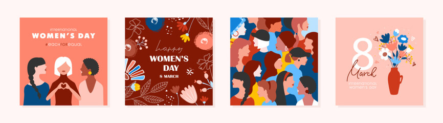 Collection of greeting card or postcard templates with women of different nationalities, flower bouquet in vase and Happy Women's Day wish. Modern festive vector illustration for 8 March celebration.