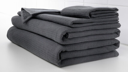 Closeup of folded dark grey bathroom towels.