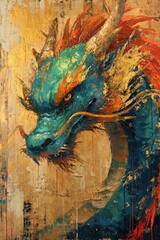 Ancient Dragon Artwork, Stylized Gold Leaf Fantasy Painting, Street Art Mural, Textured Painted Mythical Creature