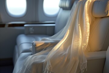 an elegant travel scarf draped over a first-class airplane seat, ideal for illustrating the comfort and elegance of quiet luxury travel amenities