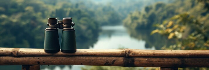 banner with copy space and luxury compact binoculars on a balcony rail overlooking a lush forest, suggesting the idea of exploring the natural beauty in a discreet and luxurious manner during travel - obrazy, fototapety, plakaty