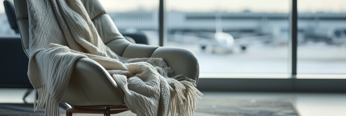 luxury travel shawl draped over a chair in an airport lounge, also useful for depicting the upscale travel experience in marketing materials for airlines or luxury travel lounges. - obrazy, fototapety, plakaty