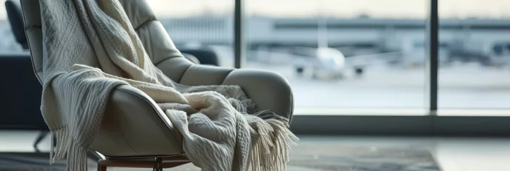 Foto op Aluminium luxury travel shawl draped over a chair in an airport lounge, also useful for depicting the upscale travel experience in marketing materials for airlines or luxury travel lounges. © Ярослава Малашкевич