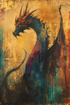 Ancient Dragon Artwork, Stylized Gold Leaf Fantasy Painting, Street Art Mural, Textured Painted Mythical Creature