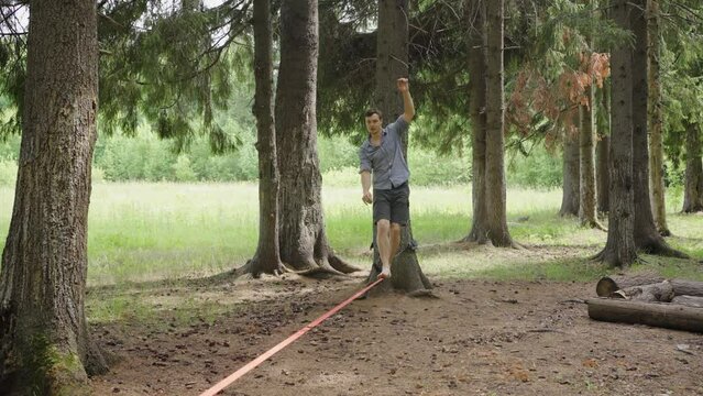 Concentrated man balancing on a slackline between trees in a forest. A man carefully walks along a stretched sling, trains the vestibular apparatus, outdoor active sports