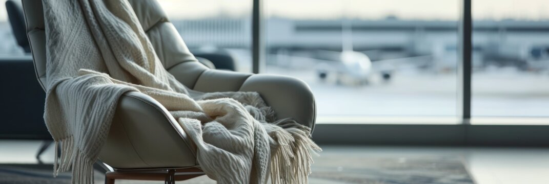 luxury travel shawl draped over a chair in an airport lounge, also useful for depicting the upscale travel experience in marketing materials for airlines or luxury travel lounges.
