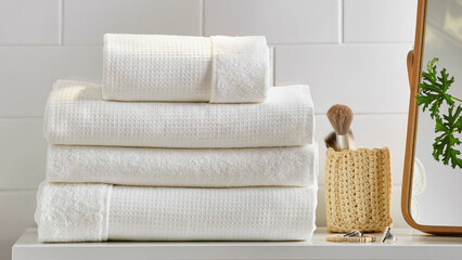 Closeup of white folded bathroom towels on a counter.