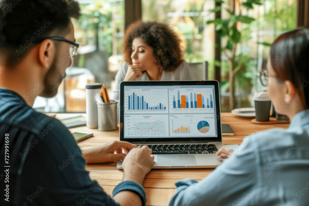 Poster top view finance dashboard data display on laptop screen with analyzed chart for marketing indicatio
