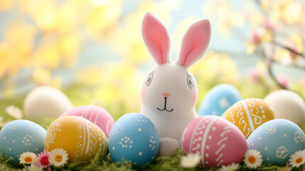 A cute toy bunny with Easter eggs on colorful background.