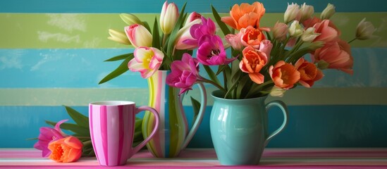 Colorful Vase, Stylish Mugs, and Vibrant Flowers: An Exquisite Trio of Vase, Mugs, and Flowers Enhancing Any Decor