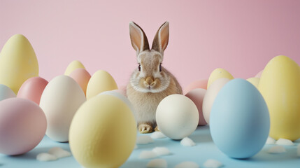 Cute bunny with colorful eggs on plain background. Easter background.