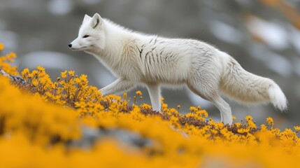 a white fox walking on top of a yellow flower covered hillside with trees in the background of the picture.