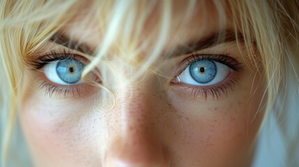 a close up of a woman's blue eyes with freckled blonde hair and freckled eyelashes.