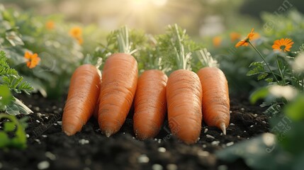 a group of three carrots sitting on top of a patch of dirt next to a field of orange flowers.