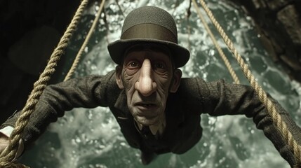 Obraz premium A man in a top hat and suit is hanging from ropes, AI