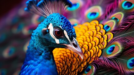 Close-up of a beautiful peacock. Intense colors. Generative AI.