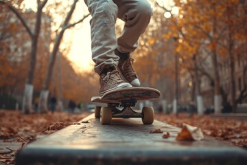 A fearless skateboarder shows off their skills among the trees and on the streets, with their...