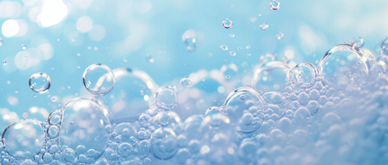 Close-up of water bubbles in a dynamic and refreshing aquatic environment, symbolizing purity and vitality